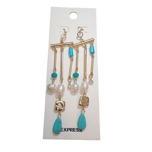 NWT Express Gold Turquoise Pearl Dangle Earrings Coastal Cowgirl Boho Chic